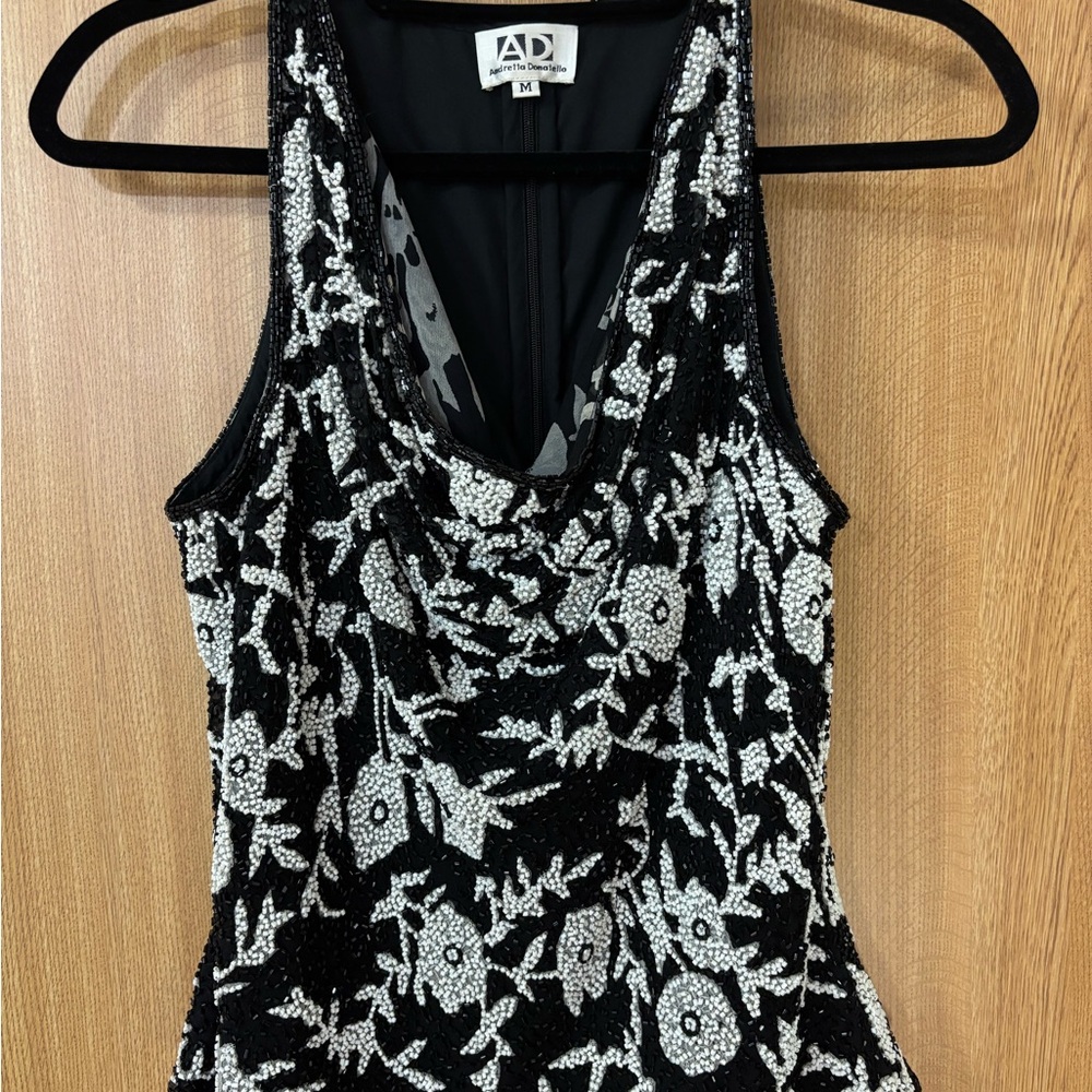 Elegant Black and White Floral Beaded Blouse
